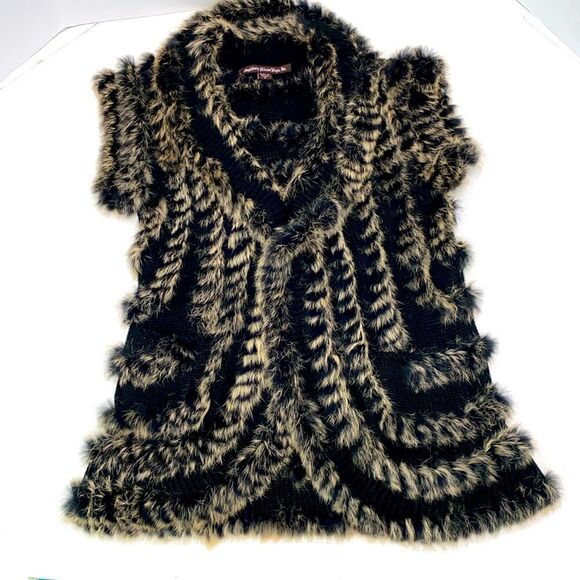 Mushka By Sienna Rose Rabbit Fur Black And Tan Vest Cardigan With Pockets Size S - Picture 5 of 14